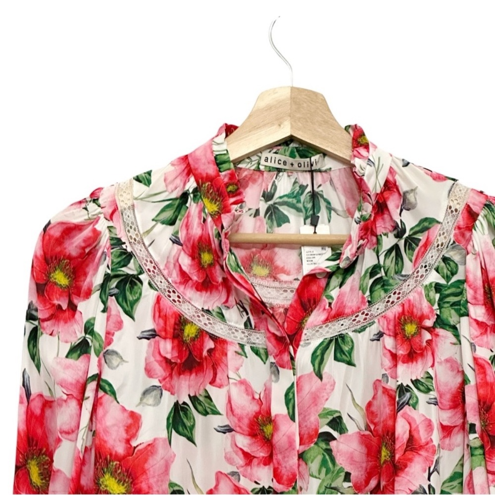 NWT Alice + Olivia Jacelyn Floral Boho Blouson Blouse in Red/White Size XS - Picture 13 of 17